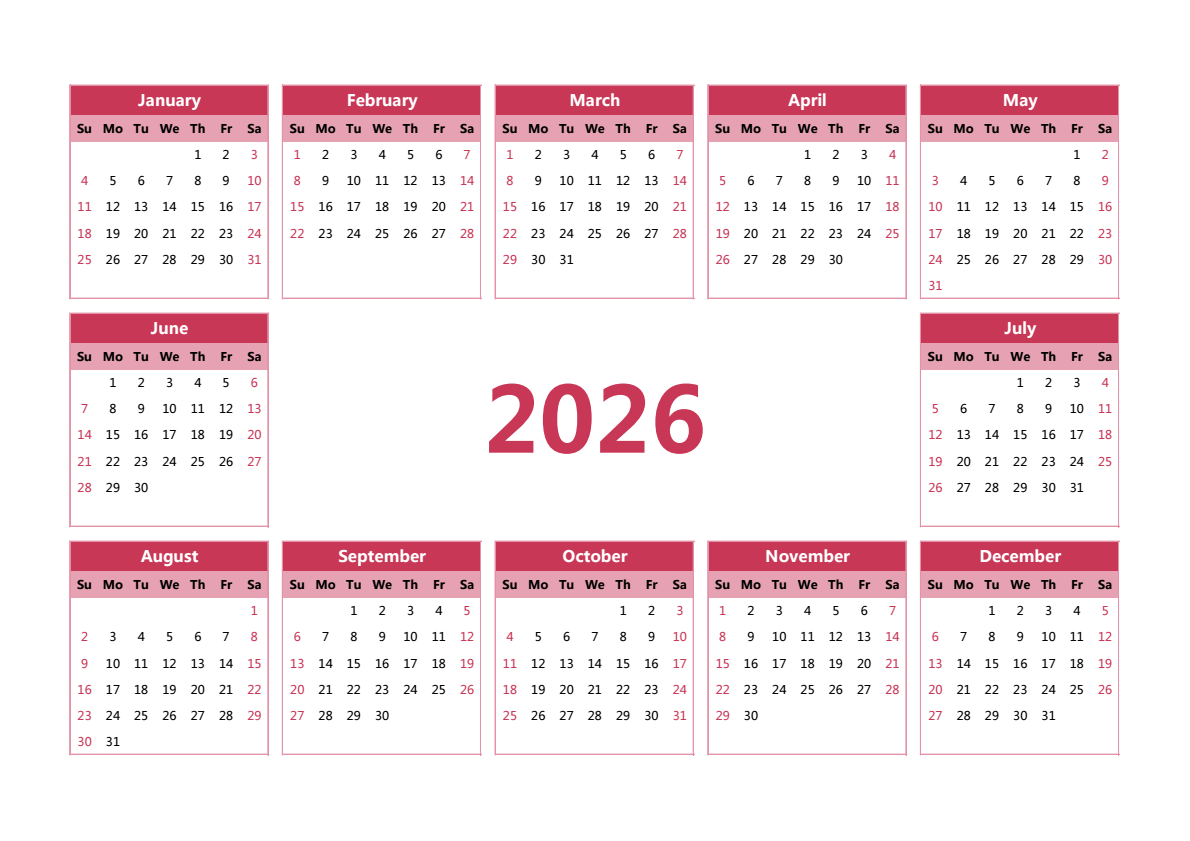 2026年日历 A3横向 英文版 无农历 无周数 周日开始
